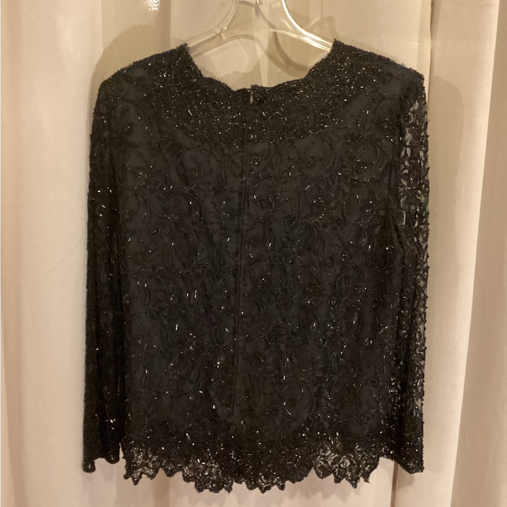 Laurence Kazan  2X black beaded formal top, zipper back, long sleeves, lined